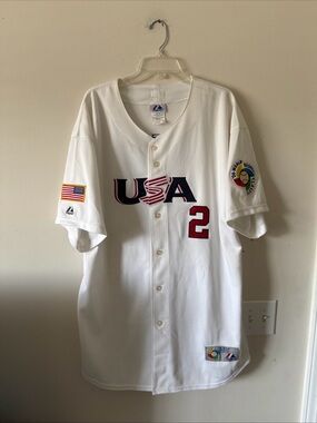 Majestic White USA Baseball Jersey with Red Number 2
